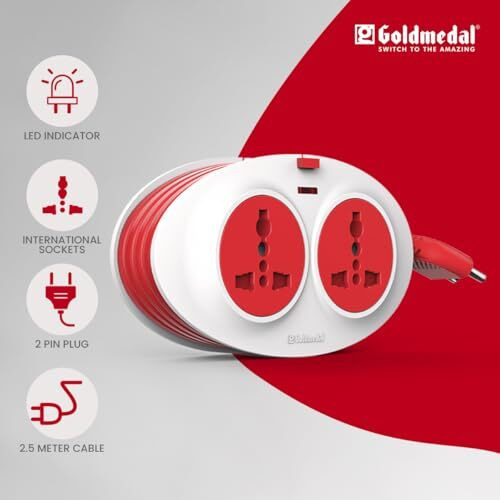Goldmedal Gio 2-Pin Extension Board (White And Red)  Pack Of 1, With Indicator & Universal Sockets, Heavy-Duty 2.5-Meter Cable Extension Cord For Home And Office