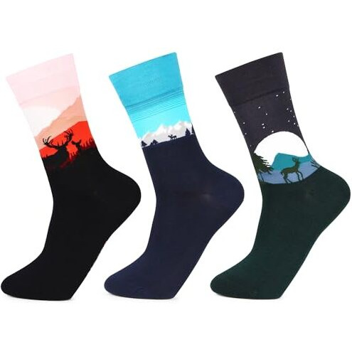 Men's Seasonal Reindeer Trio Designer Socks ||Men's Bold Crew Length Socks || Socks For Men || Free Size Multicolor Calf Lenth Men Socks -Po3