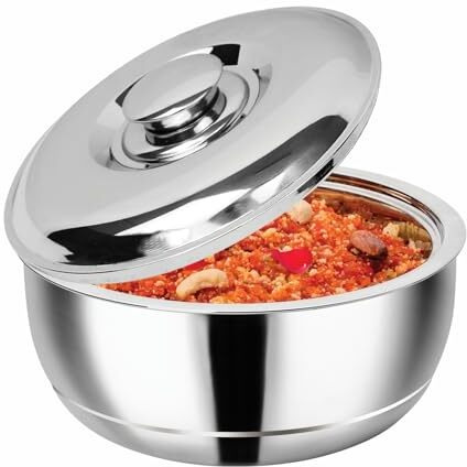 Signoraware 1100Ml Double Wall Stainless Steel Belly Shape Casserole, Insulated Thermal Serving Bowl, Elegant Hot Pot Food Warmer, Self Locking Press Lid, Hot Food Upto 8 Hour (Silver)
