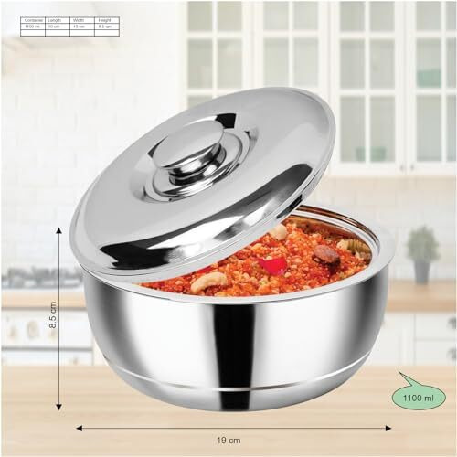 Signoraware 1100Ml Double Wall Stainless Steel Belly Shape Casserole, Insulated Thermal Serving Bowl, Elegant Hot Pot Food Warmer, Self Locking Press Lid, Hot Food Upto 8 Hour (Silver)
