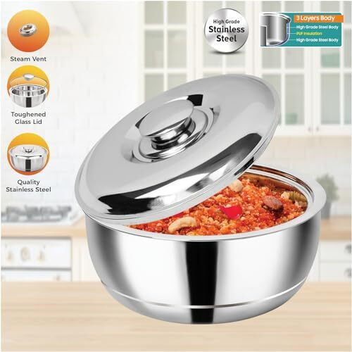 Signoraware 1100Ml Double Wall Stainless Steel Belly Shape Casserole, Insulated Thermal Serving Bowl, Elegant Hot Pot Food Warmer, Self Locking Press Lid, Hot Food Upto 8 Hour (Silver)