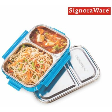 Signoraware Slim Stainless Steel Lunch Box | Compact & Stackable Design | Clip Lock Lid | Leak Proof | Useful For School, Picnics & Outdoor | Best For Packing Fruits & Sandwiches ( 1 Ltr | Blue )