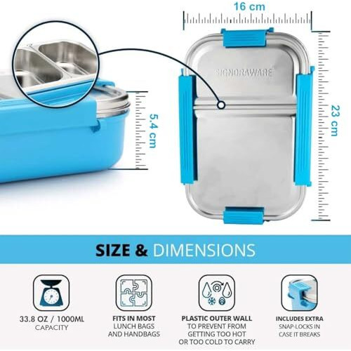Signoraware Slim Stainless Steel Lunch Box | Compact & Stackable Design | Clip Lock Lid | Leak Proof | Useful For School, Picnics & Outdoor | Best For Packing Fruits & Sandwiches ( 1 Ltr | Blue )
