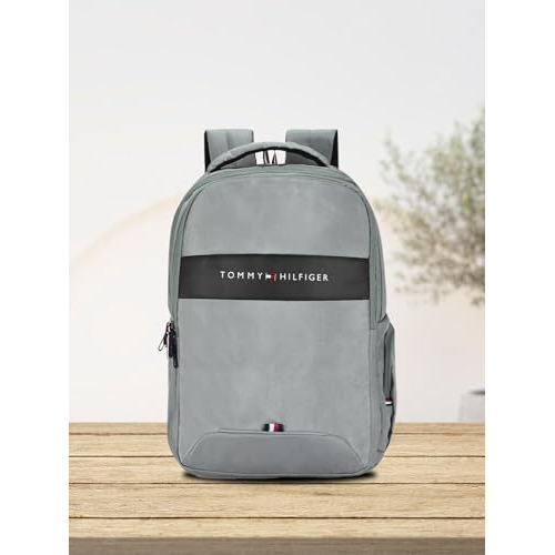 Tommy Hilfiger Joshua Polyester Unisex 15 Inch Laptop Backpack - Light Grey | 21 Ltr Capacity|Padded & Adjustable Strap| Water Resistant | 3 Compartment | Water Bottle Holder | Usb Cable Holder Pocket