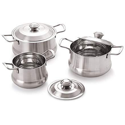 Cookwell Crown Mirror Finish Stainless Steel 6 Pcs Serving Bowl - Pot With Lid, (3 Piece Bowl & 3 Piece Lid)