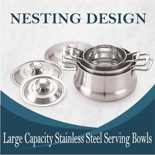 Cookwell Crown Mirror Finish Stainless Steel 6 Pcs Serving Bowl - Pot With Lid, (3 Piece Bowl & 3 Piece Lid)