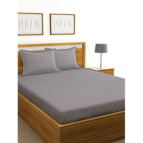 Bianca Super Soft 100% Egyptian Cotton Satin Stripe Xl King Double Bedsheet With 2 Pillow Covers -3Pc Set (Hilton) | 100% Super Soft Egyptian Cotton Satin Stripe | Stripe-Silver Grey