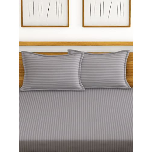 Bianca Super Soft 100% Egyptian Cotton Satin Stripe Xl King Double Bedsheet With 2 Pillow Covers -3Pc Set (Hilton) | 100% Super Soft Egyptian Cotton Satin Stripe | Stripe-Silver Grey