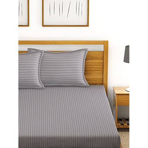 Bianca Super Soft 100% Egyptian Cotton Satin Stripe Xl King Double Bedsheet With 2 Pillow Covers -3Pc Set (Hilton) | 100% Super Soft Egyptian Cotton Satin Stripe | Stripe-Silver Grey