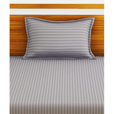 Bianca 210Tc Super Soft 100% Egyptian Cotton Satin Stripe Single Bedsheet With 1 Pillow Cover -2Pc Set (Hilton) Stripe-Silver Grey