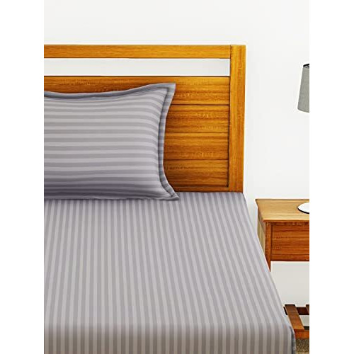 Bianca 210Tc Super Soft 100% Egyptian Cotton Satin Stripe Single Bedsheet With 1 Pillow Cover -2Pc Set (Hilton) Stripe-Silver Grey