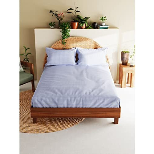 Bianca Extra Soft 100% Satin Egyptian Cotton Xl King Size Bedsheet With 2 Pillow Covers -3Pc Set (Botanical) | 100% Extra Soft Satin Egyptian Cotton Designer | Checks-Blue