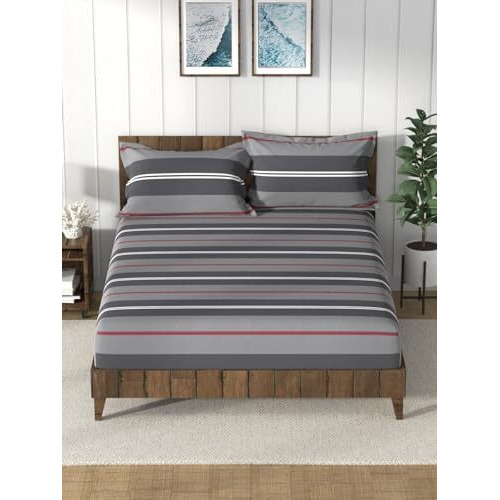 Nautica Super Soft 100% Cotton King Bedsheet And 2 Pillow Covers -3Pc Set (Bristol) Stripe-Grey