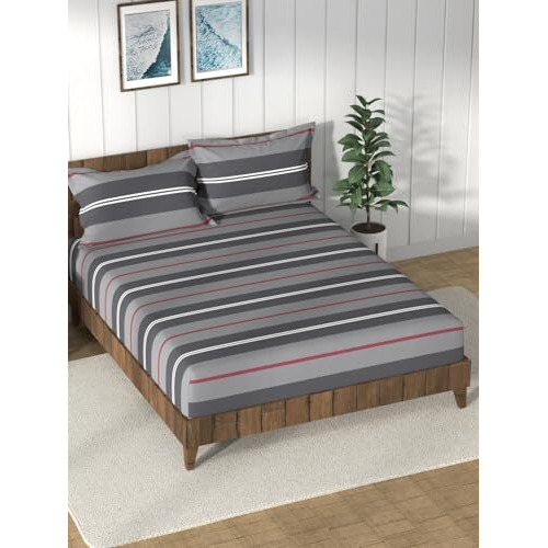Nautica Super Soft 100% Cotton King Bedsheet And 2 Pillow Covers -3Pc Set (Bristol) Stripe-Grey