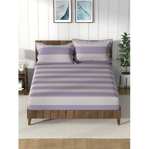 Nautica Super Soft 100% Cotton King Bedsheet And 2 Pillow Covers -3Pc Set (Bristol) Checks-Purple/Grey