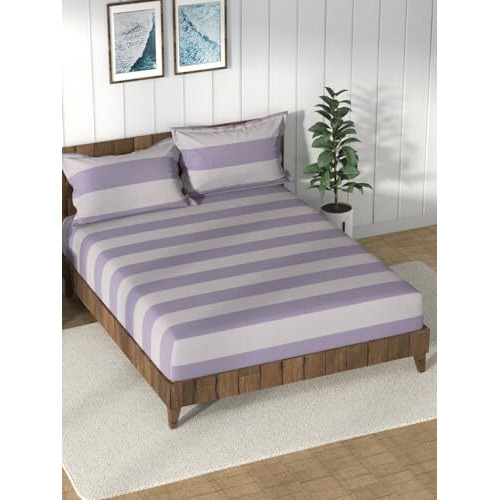 Nautica Super Soft 100% Cotton King Bedsheet And 2 Pillow Covers -3Pc Set (Bristol) Checks-Purple/Grey