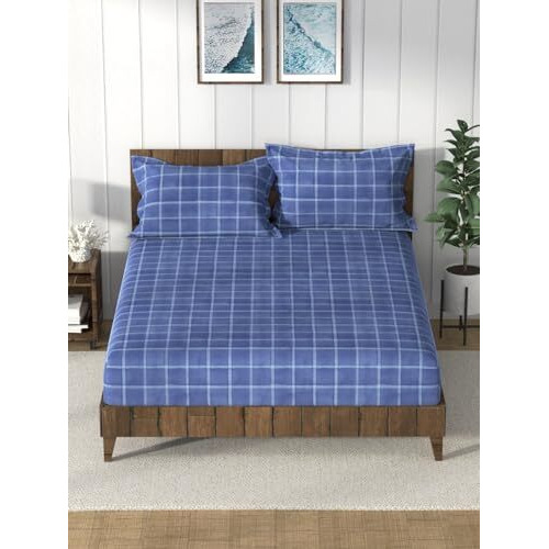 Nautica Super Soft 100% Cotton King Bedsheet And 2 Pillow Covers -3Pc Set (Bristol) Checks-Blue