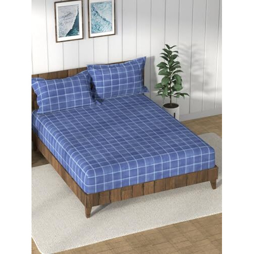 Nautica Super Soft 100% Cotton King Bedsheet And 2 Pillow Covers -3Pc Set (Bristol) Checks-Blue