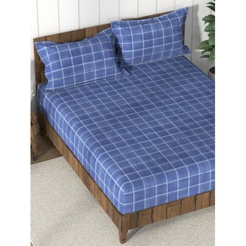 Nautica Super Soft 100% Cotton King Bedsheet And 2 Pillow Covers -3Pc Set (Bristol) Checks-Blue