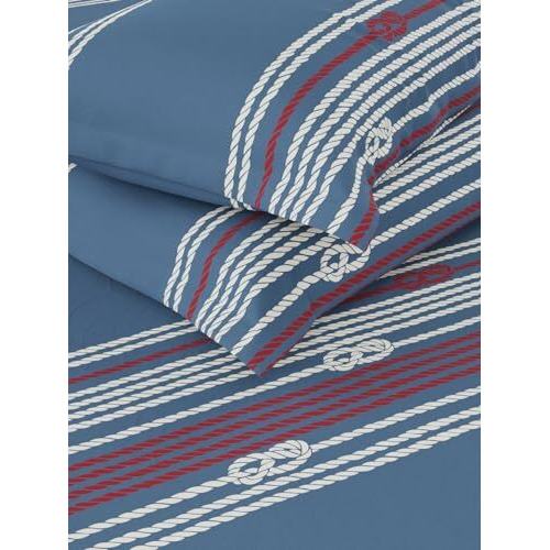 Nautica Super Soft 100% Cotton King Bedsheet And 2 Pillow Covers -3Pc Set (Bristol) Ornamental-Blue/Red