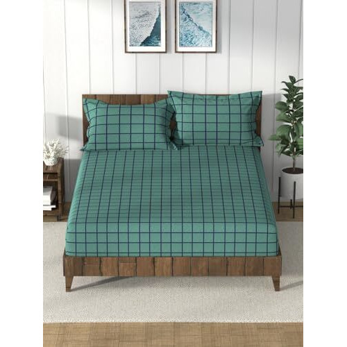 Nautica Super Soft 100% Cotton King Bedsheet And 2 Pillow Covers -3Pc Set (Bristol) Checks-Green