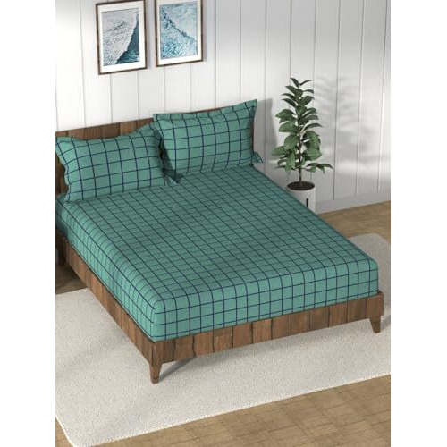 Nautica Super Soft 100% Cotton King Bedsheet And 2 Pillow Covers -3Pc Set (Bristol) Checks-Green