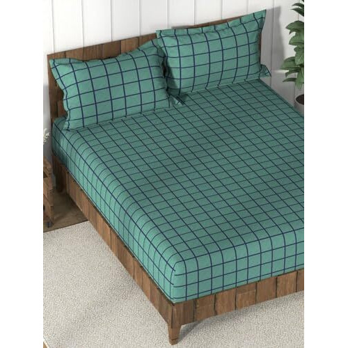 Nautica Super Soft 100% Cotton King Bedsheet And 2 Pillow Covers -3Pc Set (Bristol) Checks-Green