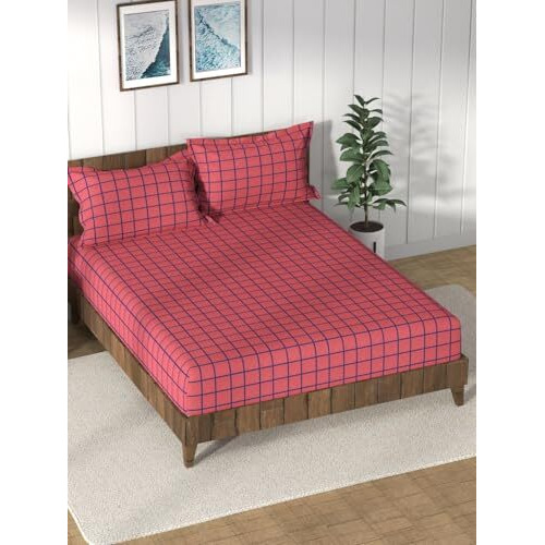 Nautica Super Soft 100% Cotton King Bedsheet And 2 Pillow Covers -3Pc Set (Bristol) Checks-Red