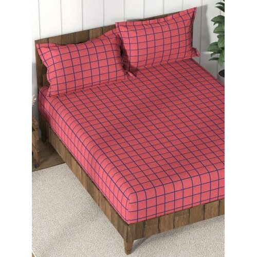Nautica Super Soft 100% Cotton King Bedsheet And 2 Pillow Covers -3Pc Set (Bristol) Checks-Red