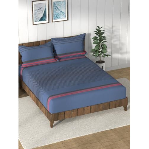Nautica Super Soft 100% Cotton King Bedsheet And 2 Pillow Covers -3Pc Set (Bristol) Stripe-Blue/Black