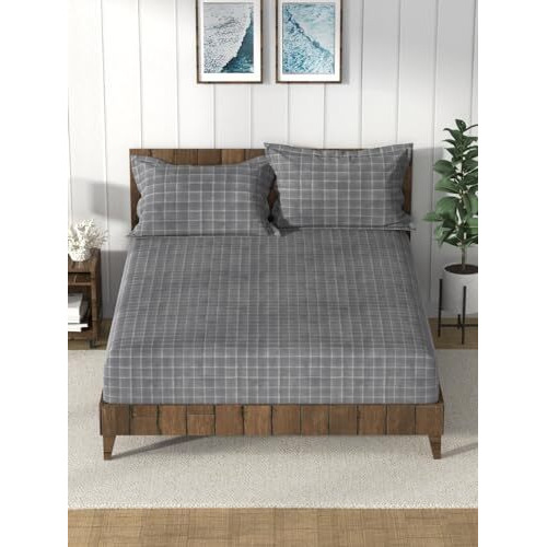 Nautica Super Soft 100% Cotton King Bedsheet And 2 Pillow Covers -3Pc Set (Bristol) Checks-Grey