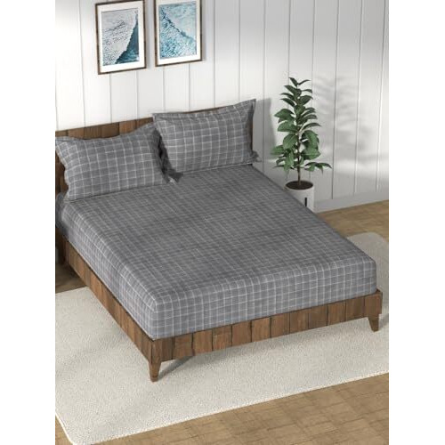 Nautica Super Soft 100% Cotton King Bedsheet And 2 Pillow Covers -3Pc Set (Bristol) Checks-Grey