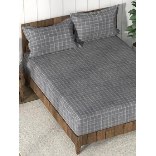 Nautica Super Soft 100% Cotton King Bedsheet And 2 Pillow Covers -3Pc Set (Bristol) Checks-Grey