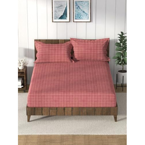 Nautica Super Soft 100% Cotton King Bedsheet And 2 Pillow Covers -3Pc Set (Bristol) | 160 Tc | Dust Proof Layer Added Checks-Coral