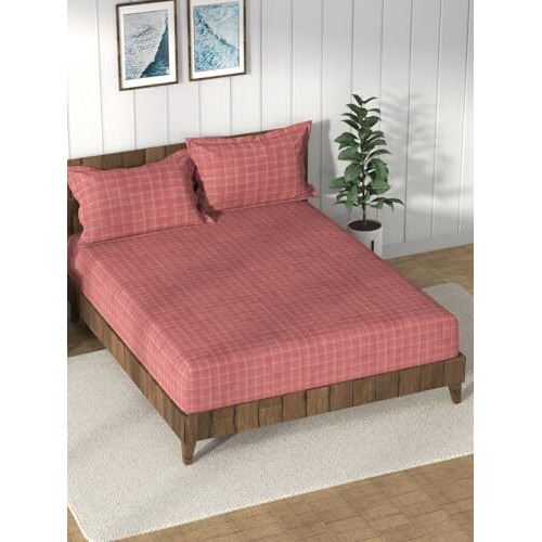 Nautica Super Soft 100% Cotton King Bedsheet And 2 Pillow Covers -3Pc Set (Bristol) | 160 Tc | Dust Proof Layer Added Checks-Coral