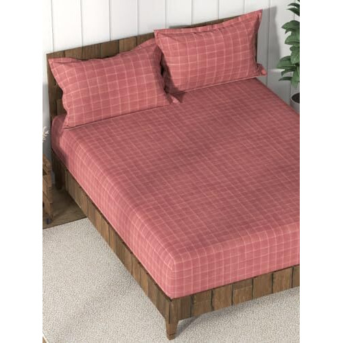 Nautica Super Soft 100% Cotton King Bedsheet And 2 Pillow Covers -3Pc Set (Bristol) | 160 Tc | Dust Proof Layer Added Checks-Coral