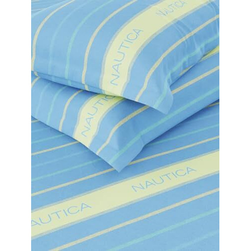 Nautica Super Soft 100% Cotton King Bedsheet And 2 Pillow Covers -3Pc Set (Bristol) Stripe-Blue/Multi