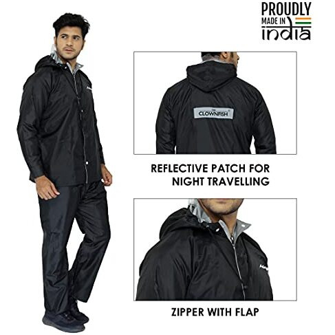 The Clownfish Polyester Standard Length Rain Coat Waterproof For Bike Reversible Double Layer With Hood Raincoat For Men. Set Of Top And Bottom Packed In A Storage Bag Magic Series(Black,X-Large)