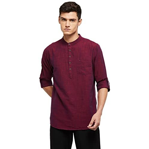 Max Men's Long Sleeves Regular Fit Solid Cotton Short Kurta With Band Collar (Maroon_Xxl)