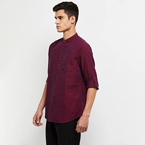 Max Men's Long Sleeves Regular Fit Solid Cotton Short Kurta With Band Collar (Maroon_Xxl)