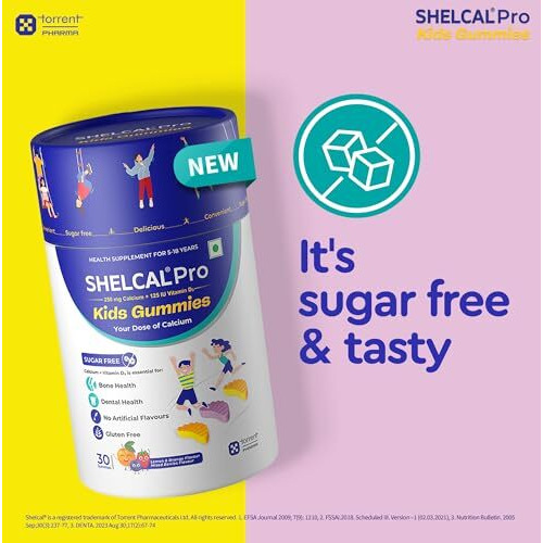 Shelcal Pro Kids Sugar Free Calcium Gummies | Calcium And Vit D3 Essential For Bone & Dental Health | Lemon-Orange & Mixed Berries Flavors (30 Gummies) - By Torrent Pharma