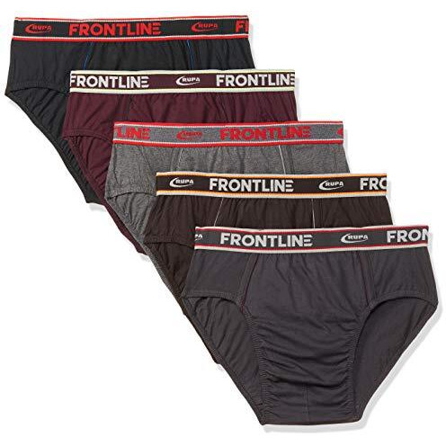 Rupa Frontline Plain Brief For Men, 100% Cotton Material, Outer Elastic, Pack Of 5 Assorted