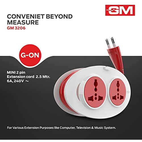 Gm 3206 G-On Mini 2 Pin Extension Cord 2.5 Mtr. With Indicator, Safety Shutter & 2 International Sockets