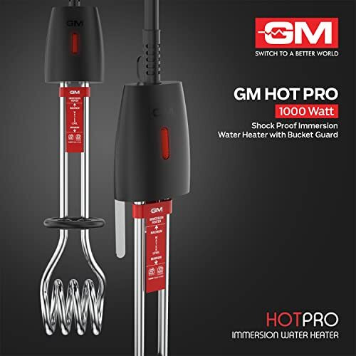 Gm Immersion Rod Water Heater With Bucket Guard 1000W 6 Amp Plug Superior Copper Element Heat Resistant Handle Nickel Plated Prevents Corrosion Double Isi Certified 1.6M Cord 2 Years Warranty