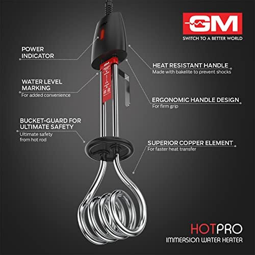 Gm Immersion Rod Water Heater With Bucket Guard 1000W 6 Amp Plug Superior Copper Element Heat Resistant Handle Nickel Plated Prevents Corrosion Double Isi Certified 1.6M Cord 2 Years Warranty