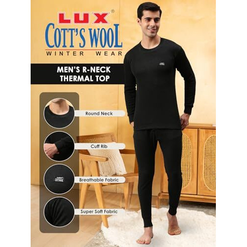 Lux Cott's Wool Men's Round Neck Full Sleeves Thermal Top_Blk_Top_Fso_90_1Pc
