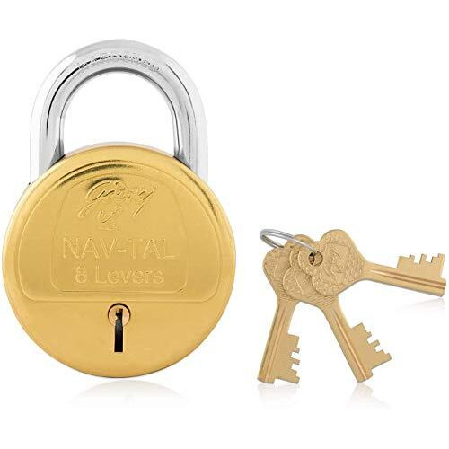 Godrej Locks I Navtal 8 Levers 85 Mm I 3 Keys I Padlock For Main Door I Gate Lock I Lock For Tool Box, Shutters, Shops & Offices I Strong Hardended Corrosion Resistant Shackle I Brass Finish