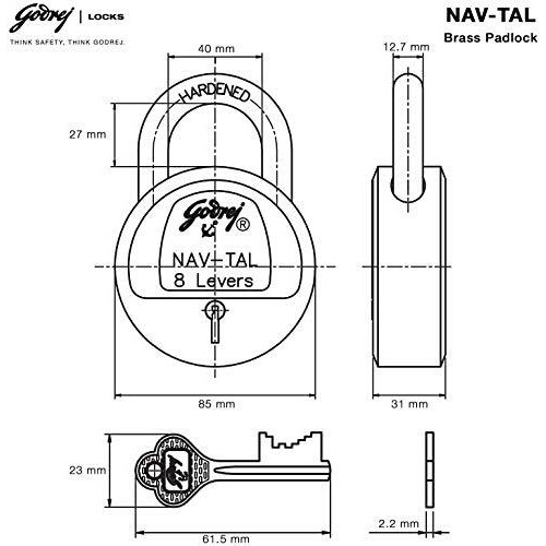 Godrej Locks I Navtal 8 Levers 85 Mm I 3 Keys I Padlock For Main Door I Gate Lock I Lock For Tool Box, Shutters, Shops & Offices I Strong Hardended Corrosion Resistant Shackle I Brass Finish