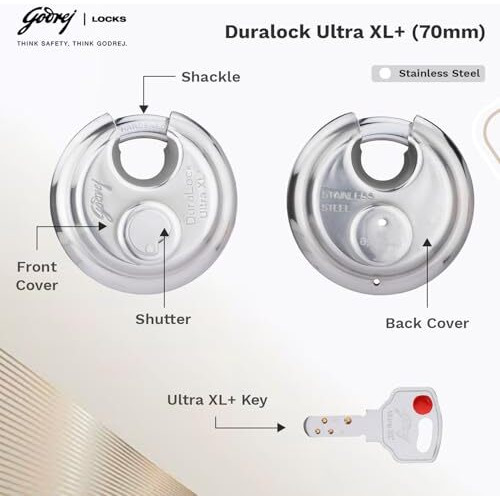Godrej Locksi Duralock Ultra Xl+ 70Mm I3 Keys I Duralock For Home Main Door I For Gate Lock,Shops & Offices I With Ss304 Steel Body Ultra Xl+Technology I Silver Finish| 1 Year Warranty
