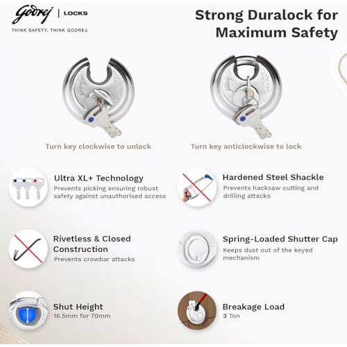 Godrej Locksi Duralock Ultra Xl+ 70Mm I3 Keys I Duralock For Home Main Door I For Gate Lock,Shops & Offices I With Ss304 Steel Body Ultra Xl+Technology I Silver Finish| 1 Year Warranty